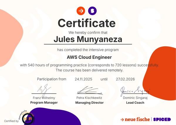 neue fische AWS Cloud Engineer certificate for Jules Munyaneza